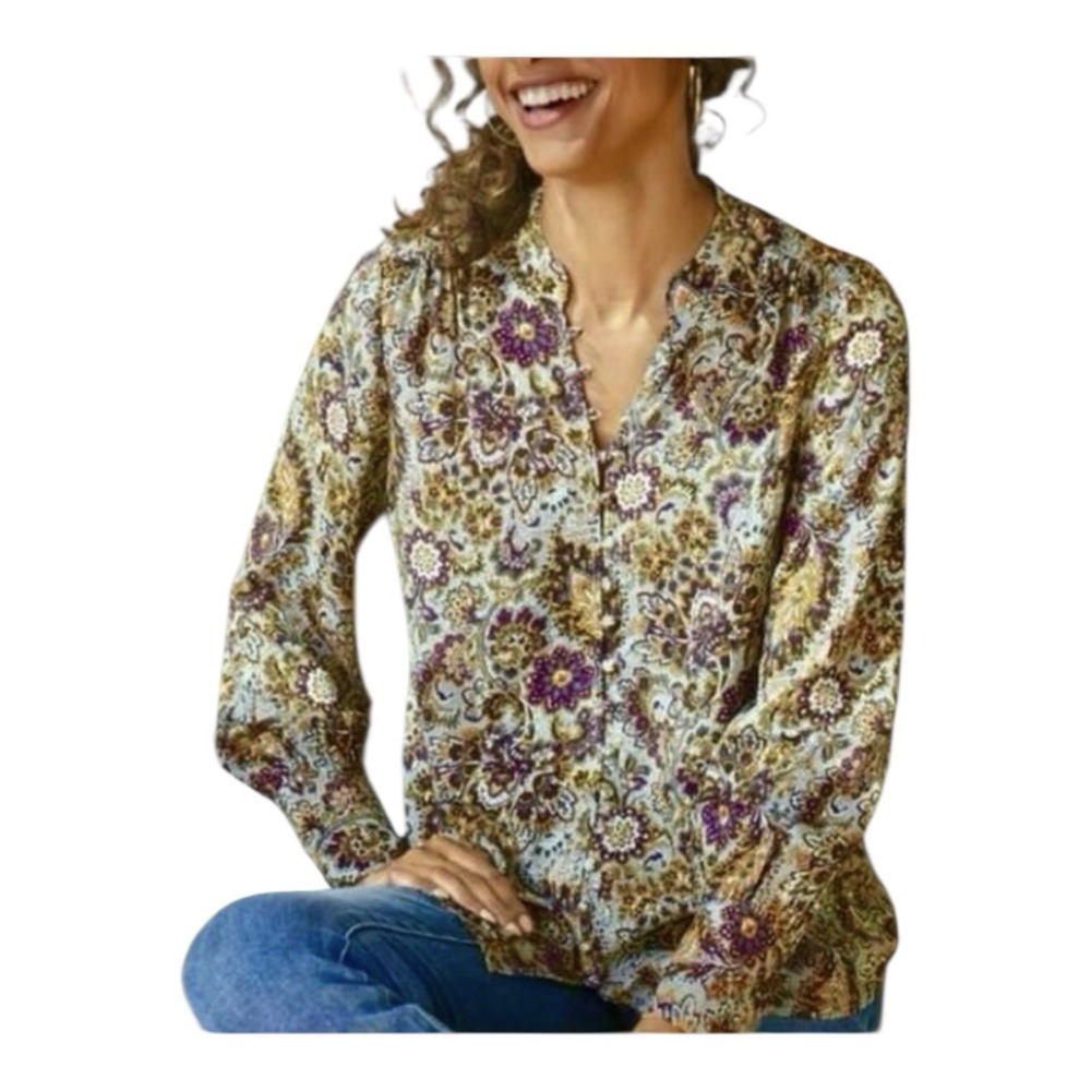 SOFT SURROUNDINGS Via Alpina Top sz L Paisley Floral Long Sleeve Lightweight